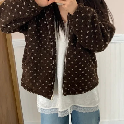 Vintage Heart Embroidery Short Sherpa Zip-up