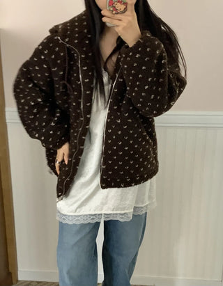 Vintage Heart Embroidery Short Sherpa Zip-up