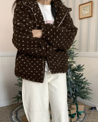 Vintage Heart Embroidery Short Sherpa Zip-up