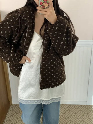 Vintage Heart Embroidery Short Sherpa Zip-up