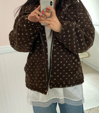 Vintage Heart Embroidery Short Sherpa Zip-up