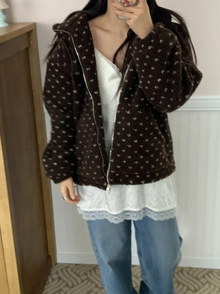 Vintage Heart Embroidery Short Sherpa Zip-up