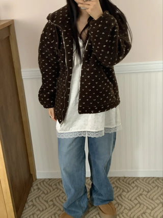 Vintage Heart Embroidery Short Sherpa Zip-up
