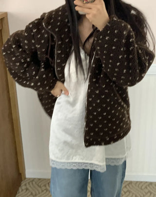 Vintage Heart Embroidery Short Sherpa Zip-up