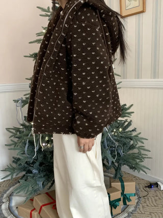 Vintage Heart Embroidery Short Sherpa Zip-up
