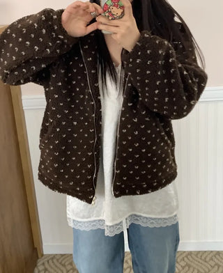 Vintage Heart Embroidery Short Sherpa Zip-up