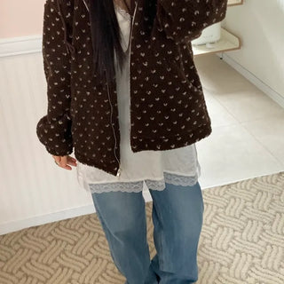 Vintage Heart Embroidery Short Sherpa Zip-up