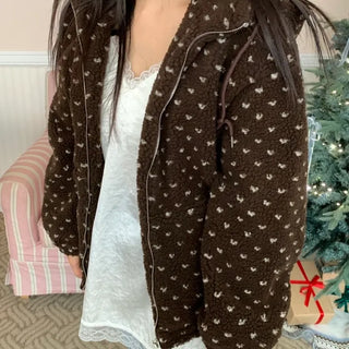 Vintage Heart Embroidery Short Sherpa Zip-up