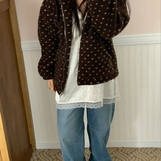 Vintage Heart Embroidery Short Sherpa Zip-up