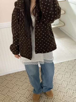 Vintage Heart Embroidery Short Sherpa Zip-up