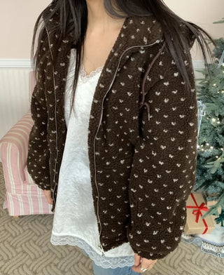 Vintage Heart Embroidery Short Sherpa Zip-up