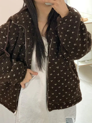 Vintage Heart Embroidery Short Sherpa Zip-up