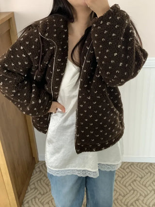 Vintage Heart Embroidery Short Sherpa Zip-up