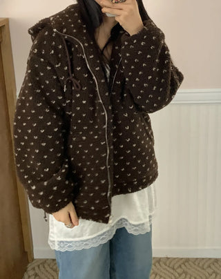 Vintage Heart Embroidery Short Sherpa Zip-up