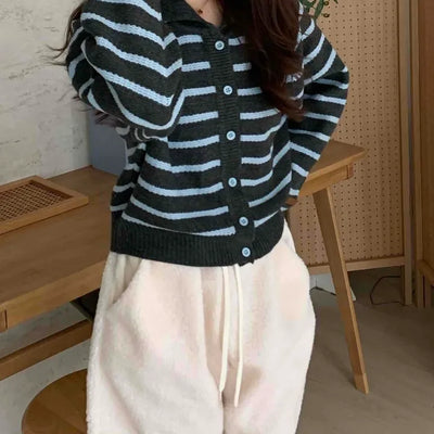 Soft Striped Basic Collar Knit Cardigan