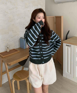 Soft Striped Basic Collar Knit Cardigan