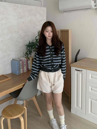 Soft Striped Basic Collar Knit Cardigan