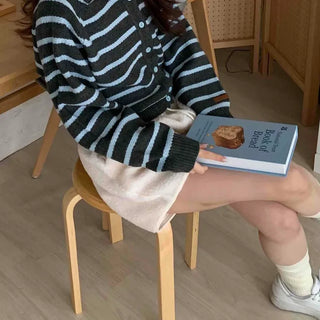 Soft Striped Basic Collar Knit Cardigan