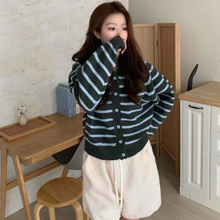 Soft Striped Basic Collar Knit Cardigan