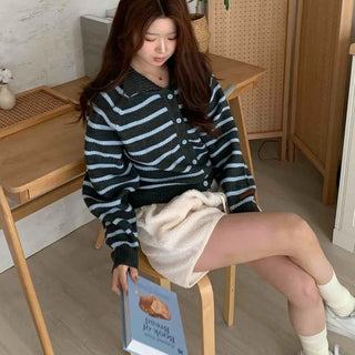 Soft Striped Basic Collar Knit Cardigan