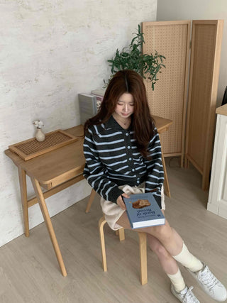 Soft Striped Basic Collar Knit Cardigan