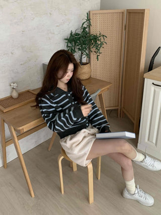 Soft Striped Basic Collar Knit Cardigan