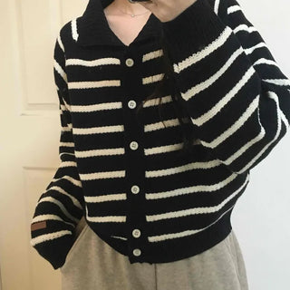 Asymmetrical Diagonal Stripe V-Neck Short Knit Cardigan