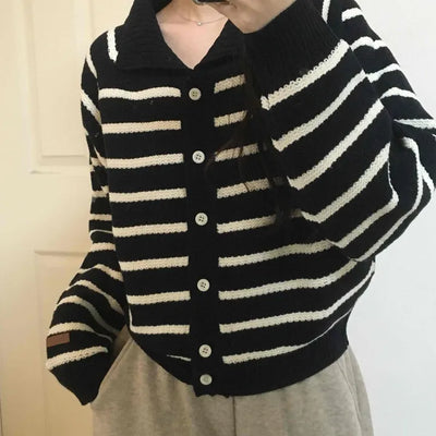 Asymmetrical Diagonal Stripe V-Neck Short Knit Cardigan