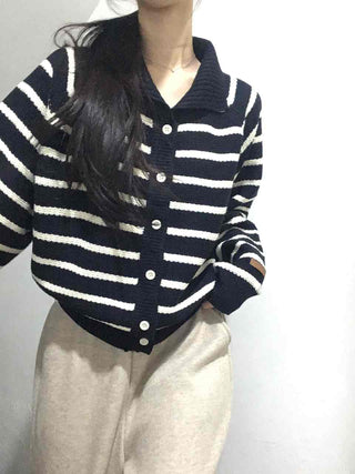 Asymmetrical Diagonal Stripe V-Neck Short Knit Cardigan