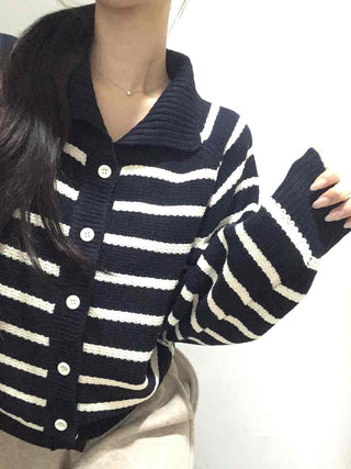 Asymmetrical Diagonal Stripe V-Neck Short Knit Cardigan