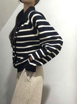 Asymmetrical Diagonal Stripe V-Neck Short Knit Cardigan