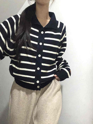 Asymmetrical Diagonal Stripe V-Neck Short Knit Cardigan