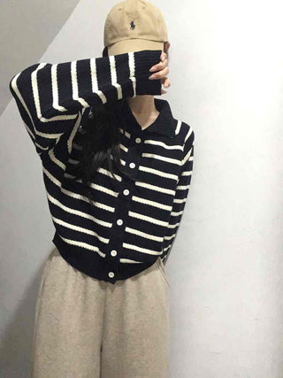 Asymmetrical Diagonal Stripe V-Neck Short Knit Cardigan