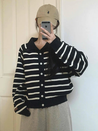 Asymmetrical Diagonal Stripe V-Neck Short Knit Cardigan