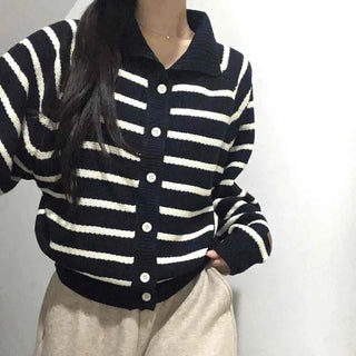 Asymmetrical Diagonal Stripe V-Neck Short Knit Cardigan