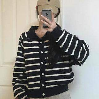 Asymmetrical Diagonal Stripe V-Neck Short Knit Cardigan
