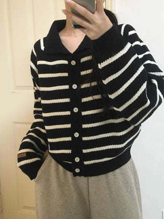 Asymmetrical Diagonal Stripe V-Neck Short Knit Cardigan