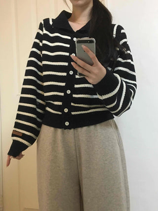 Asymmetrical Diagonal Stripe V-Neck Short Knit Cardigan
