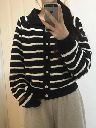 Asymmetrical Diagonal Stripe V-Neck Short Knit Cardigan