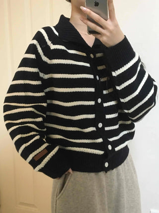 Asymmetrical Diagonal Stripe V-Neck Short Knit Cardigan