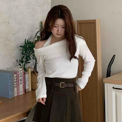 Off-shoulder Slim Ribbed Halter Neck T-shirt
