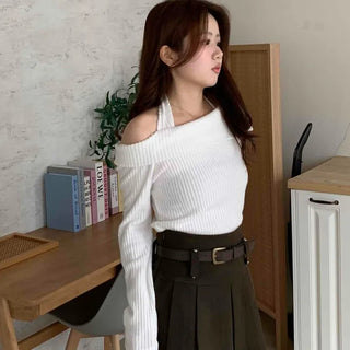 Off-shoulder Slim Ribbed Halter Neck T-shirt
