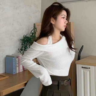 Off-shoulder Slim Ribbed Halter Neck T-shirt