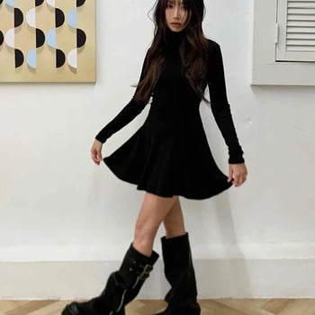 Velvet Flare Turtleneck A-Line Dress