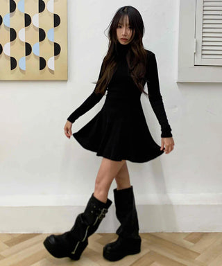 Velvet Flare Turtleneck A-Line Dress
