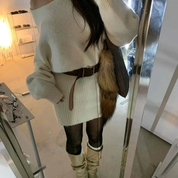 Waffle V-neck Belted Knit Dress