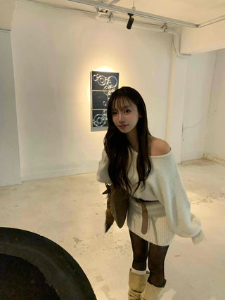 Waffle V-neck Belted Knit Dress