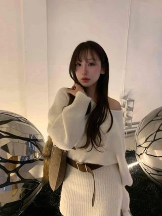 Waffle V-neck Belted Knit Dress