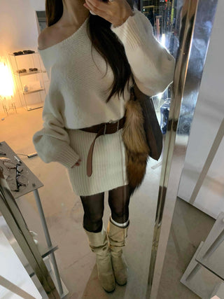 Waffle V-neck Belted Knit Dress