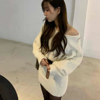 Waffle V-neck Belted Knit Dress